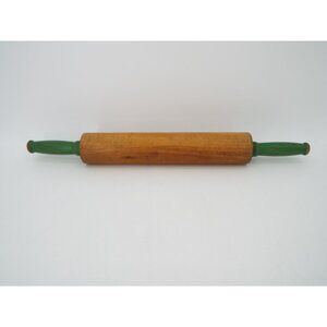 Vintage 16" Wood Rolling Pin Green Handles Rustic Farmhouse